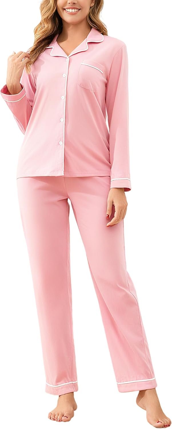 100% Cotton Pajama Sets for Women 2 Piece Long Sleeve Button Down Pjs Soft Comfy Ladies Sleepwear Lounge Sets S-XL