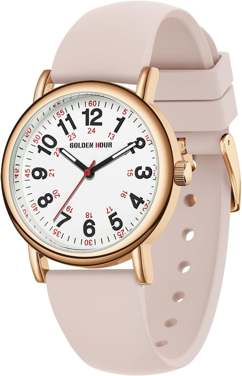 GOLDEN HOUR Waterproof Nurse Watch for Medical Professionals, Students Women Men – Military Time Luminouse Easy Read Dial, 24 Hour with Second Hand, Colorful Silicone Band