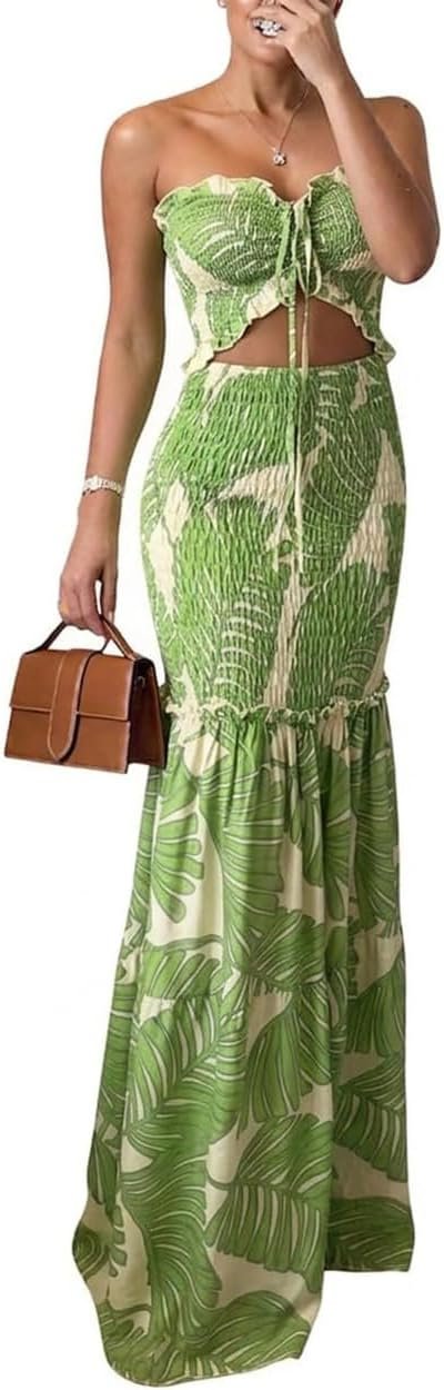 CHICME Floral Vacation Dress Halter Tie Ruched Womens Maxi Dress | Sleeveless Slim Dress, 3-Way Tie: Halter, Bow or Strapless,Ruffle Mermaid Hem for Party,Vacation,Wedding Guest