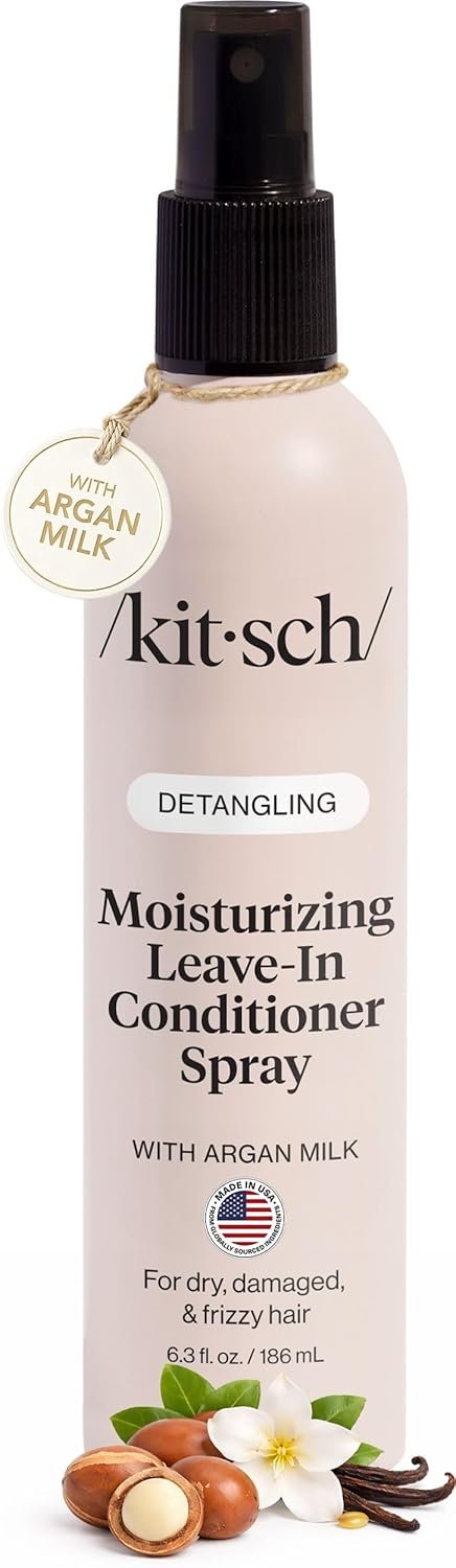 Kitsch Argan Milk Leave In Conditioner Spray – 6.3oz | Hair Detangler Spray for Curly, Wavy, Fine, Dry & Damaged Hair Deeply moisturizes, Enhances Hair Softness – Made in the USA