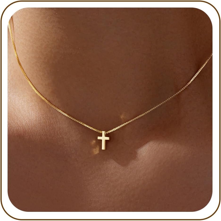 Poxtex Cross Necklace for Women Teen Girls, Dainty 14K Gold Silver Plated Cross Choker Jewelry Non Tarnish Waterproof Cute Simple Small Necklace Christian Baptism Religious Faith Jewelry Gifts