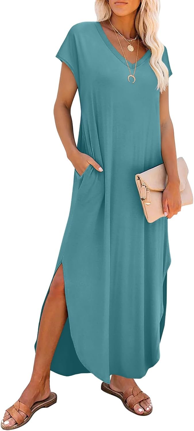 RUMIA Summer Maxi Dresses for Women Cap Sleeve Long Sundress with Pockets | Casual Tshirt Dress- Vacation Outfits