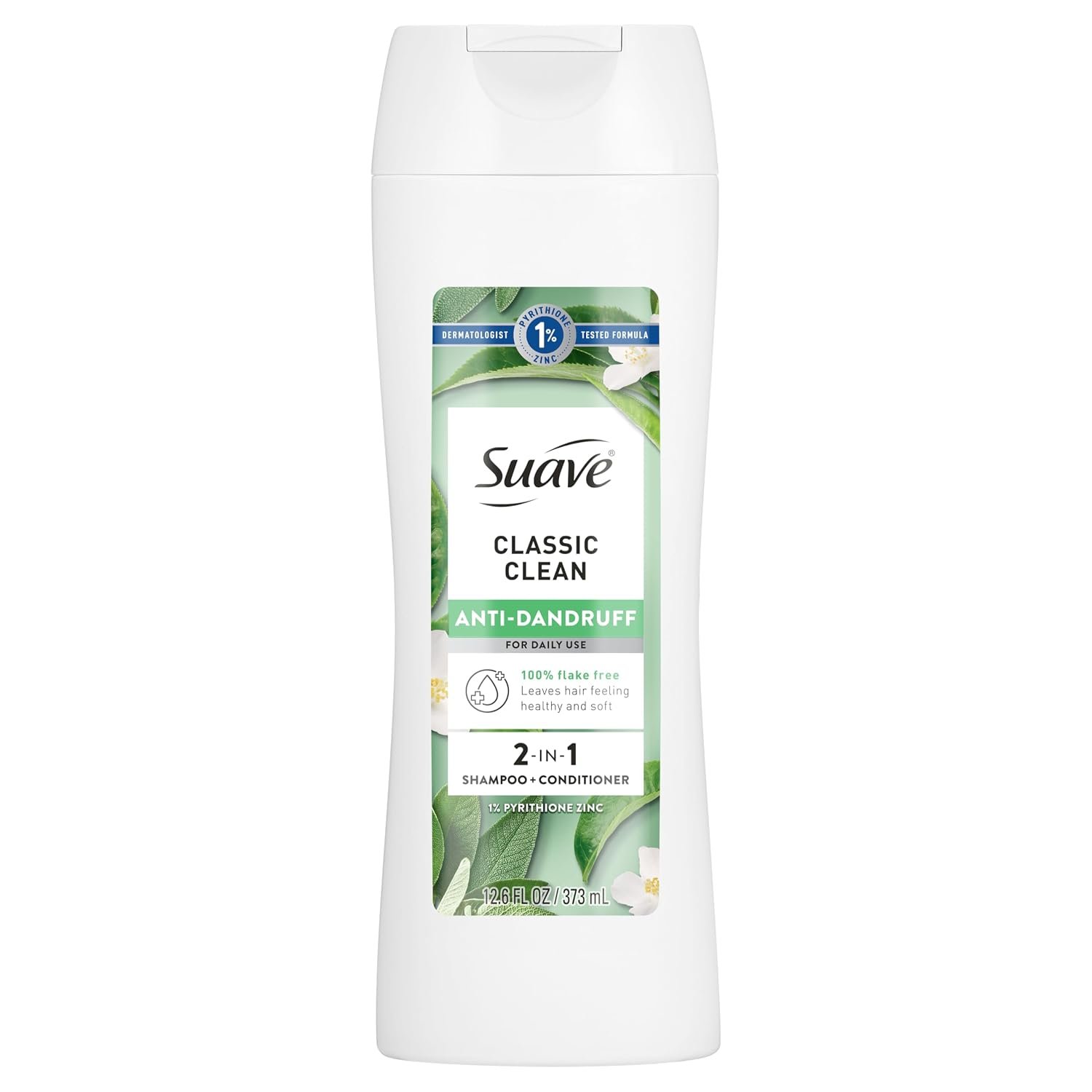 Suave Anti Dandruff 2 IN 1 Shampoo & Conditioner For Women, Classic Clean, 1% Pyrithione Zinc Dandruff Treatment, Controls Flakes, Itch & Dry Scalp, 12.6 FL OZ