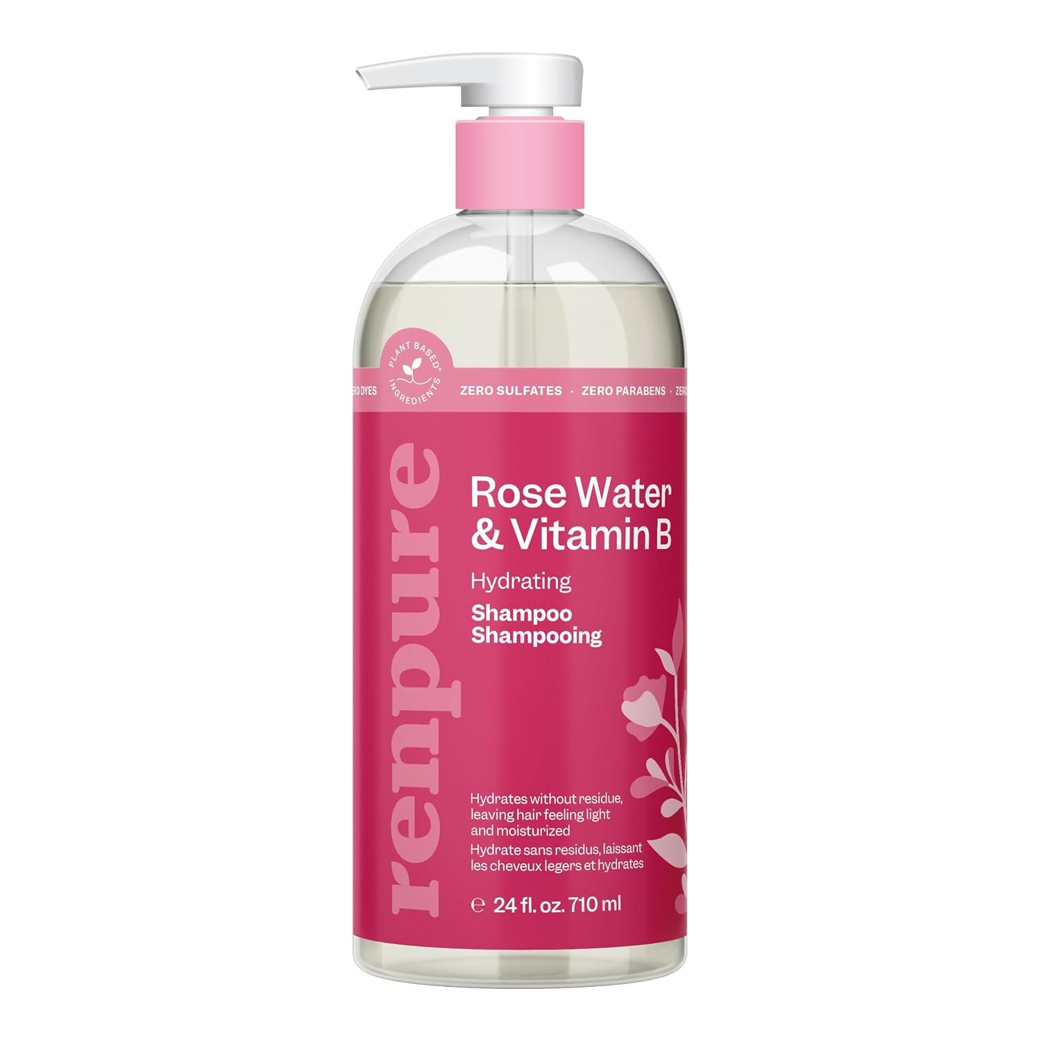 RENPURE Plant-Based Rose Hydrating Shampoo for Dry Hair – Sulfate-Free, Paraben-Free, Cruelty-Free & Color-Safe – Naturally Moisturizing & Refreshing for Women