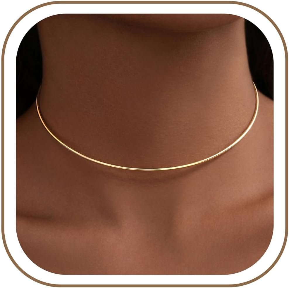 Dainty Choker Necklace for Women, Minimalist Simple Thin Lightweight Collar Choker, 14K Gold Plated Stainless Steel, Hypoallergenic Fashion Trendy Jewelry, Open Cuff Bangle Inspired Design Jewelry