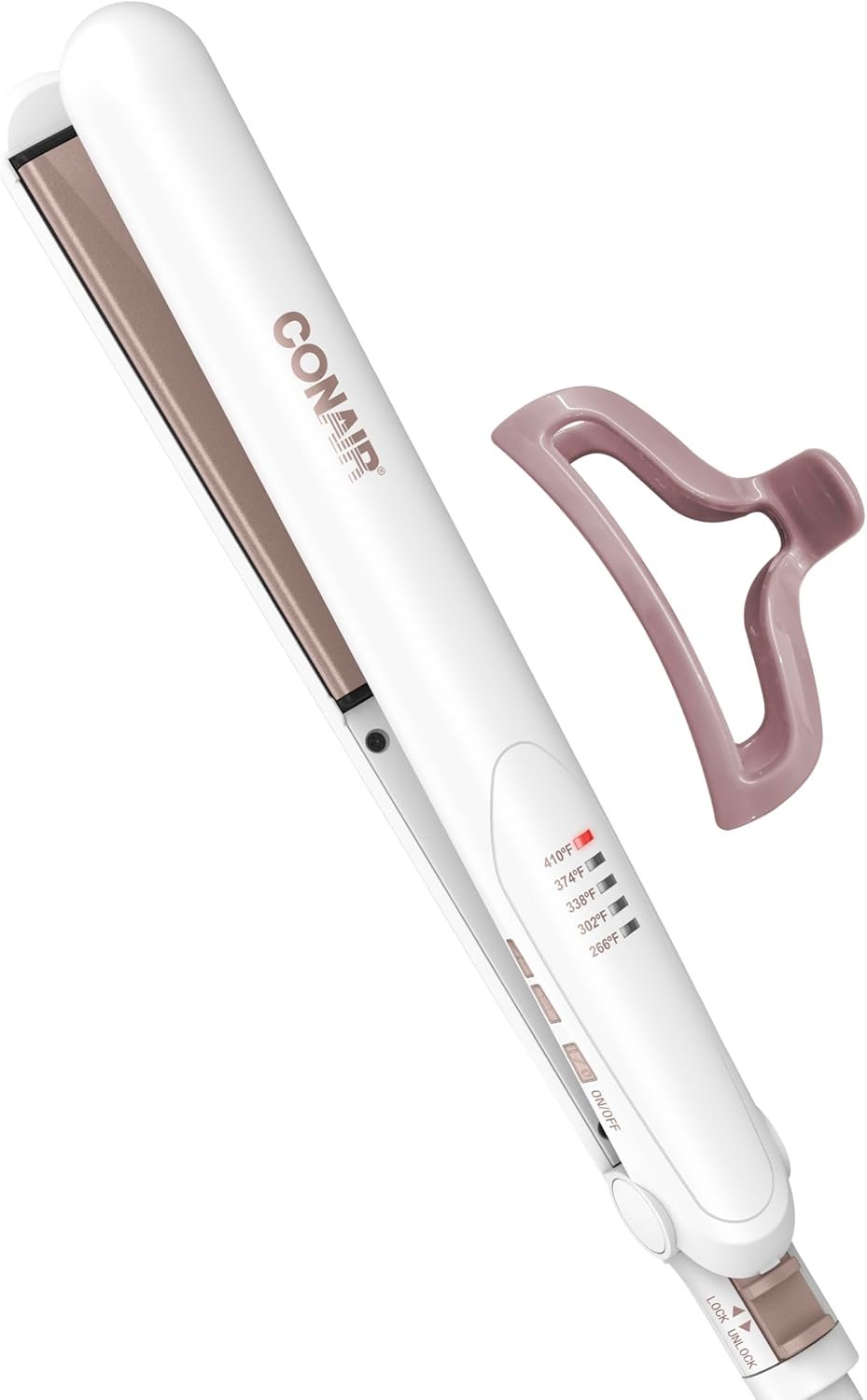 Conair Hair Straightener, Double Ceramic, 1″ Extra-Long Plates | Double ceramic hair straightener for all hair types with 5 heat settings to 410°F, 30-second heat up & a claw clip