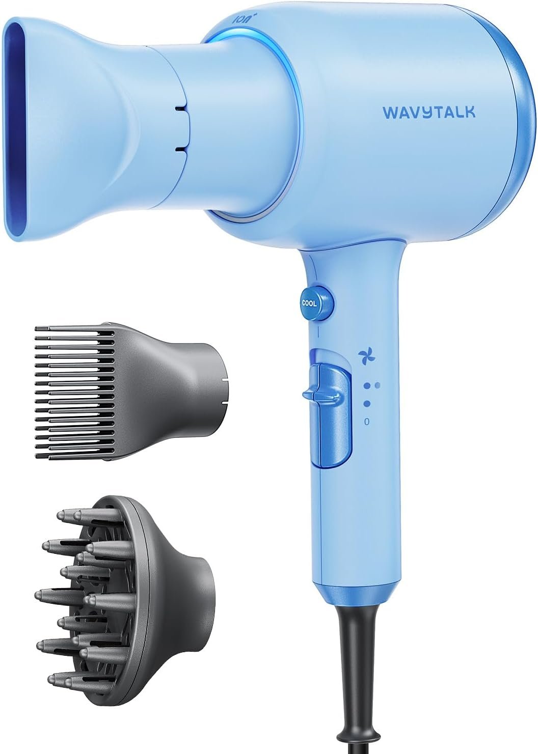Wavytalk Blown Away Ionic Hair Dryer with Diffuser for Curly Hair | 1875W Fast Drying, 3 Attachments for All Hair Types, Ceramic Healthy Shine, Lightweight & Quiet (Light Blue)