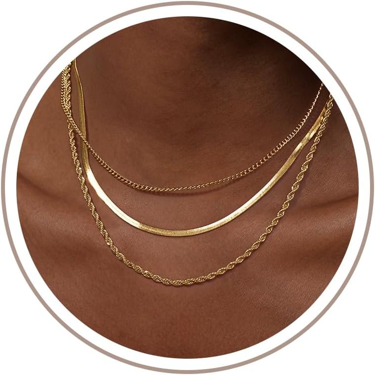 Freekiss Layered Necklace Set for Women Stackable | Herringbone Snake Cuban Rope Chain, Dainty Choker, Layered Stackable, Non Tarnish, Hypoallergenic, Adjustable 14-18.5″