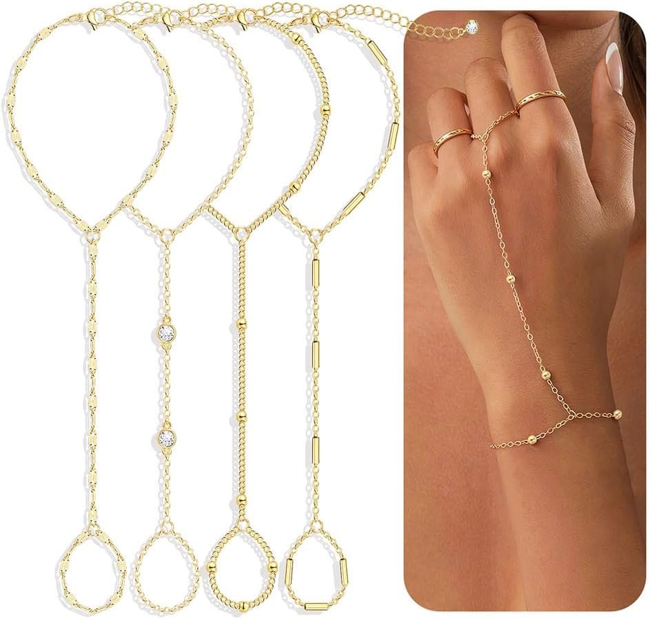 4 Pcs Gold Hand Chain Bracelets for Women, Dainty 14K Gold Plated Ring Bracelet Hand Chain, Stackable Beaded Cubic Zirconia Bracelet Stack Jewelry Gifts