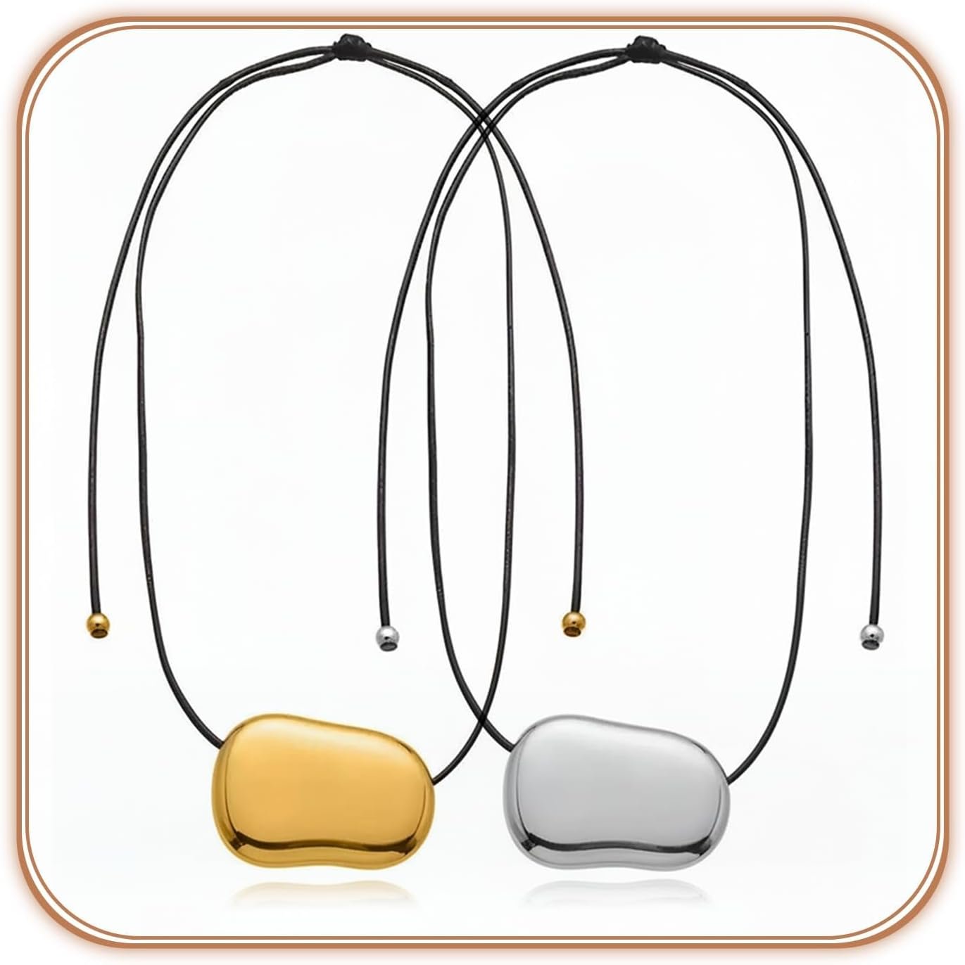 Gold Bean Pendant Necklace for Women, 316L Stainless Steel Bean Necklace on Leather Cord, Mirror-Polished & PVD Plated — Perfect for Coffee Dates, Art Exhibitions, Mother’s Day