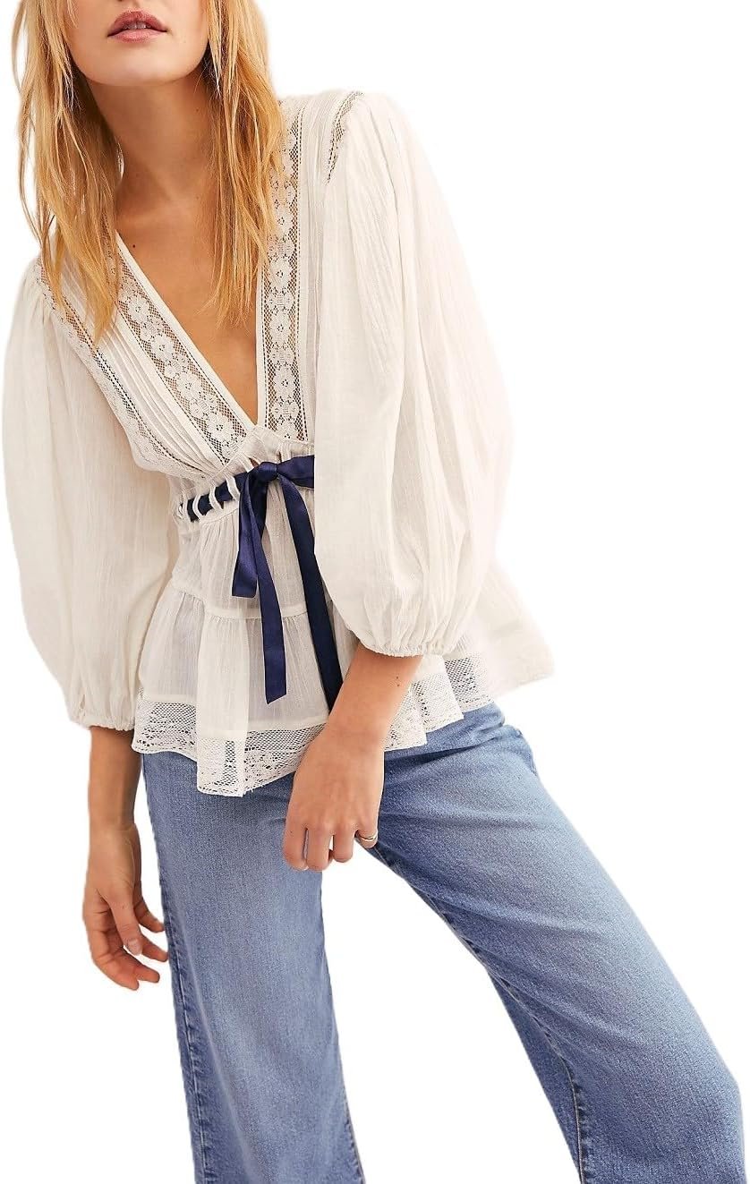 Women Chiffon Blouse Top Ruffle Trim lace Shirt Long Sleeve Flowy Cardigan | Flowy Chiffon Tops For Women V Neck Tie Front Blouse Boho See Through Coquette Peplum Shirt Lace Frilly Going Out Top