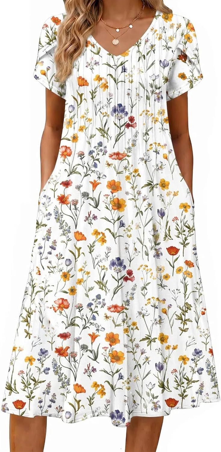 Zeagoo Womens Casual Summer Dress 2026 Short Sleeve Dresses Pleats Midi A Line Flowy Dress Boho Beach Sundress with Pockets