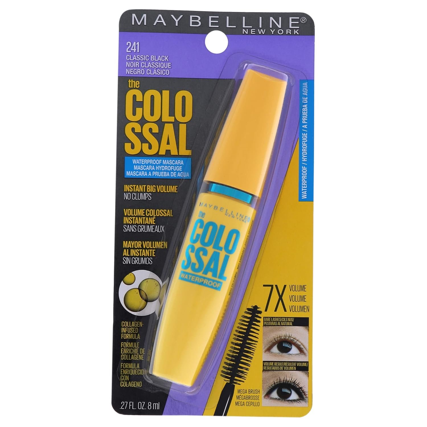 Maybelline Volum’ Express The Colossal Waterproof Mascara, Volumizing, Thickening, Clump-Free Make Up Formula, Classic Black, 1 Count