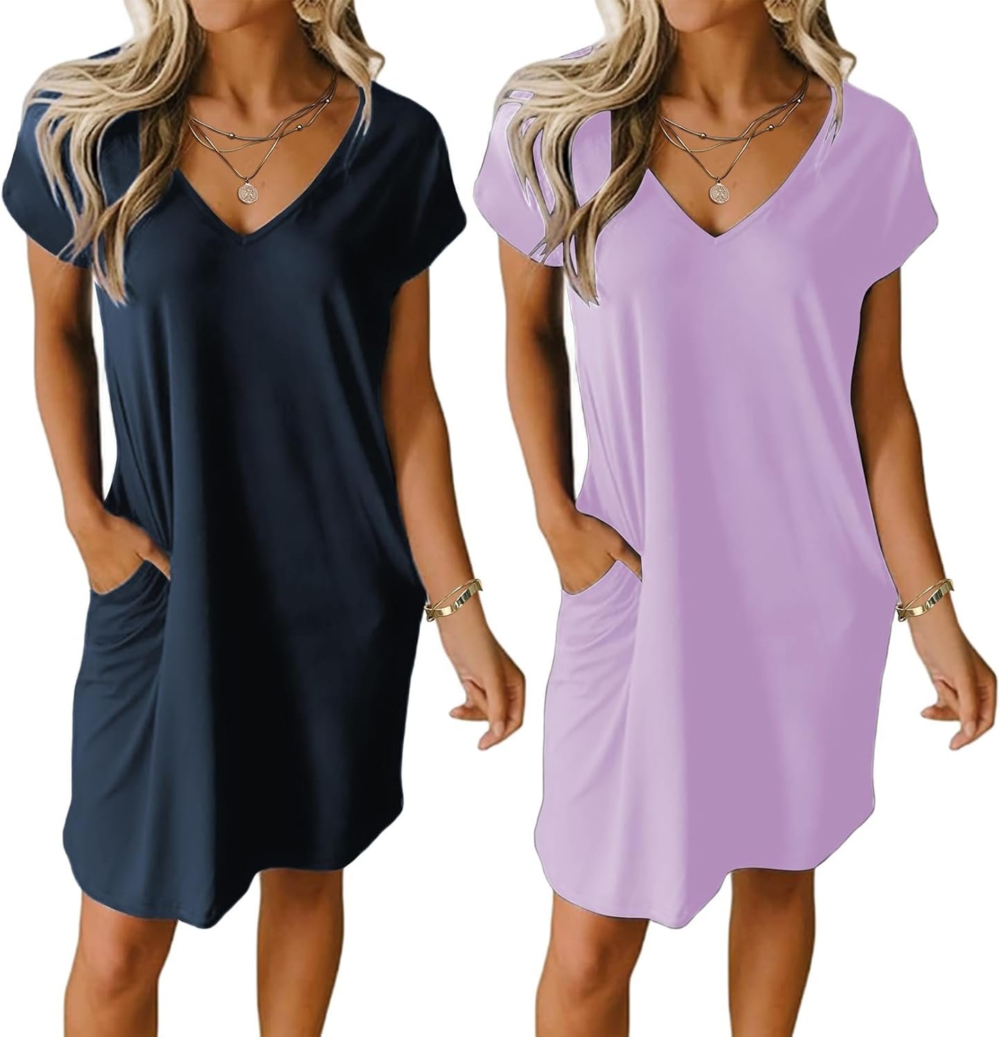 Ekouaer Womens 2 Pack Nightgown with Pockets Short Sleeve Night Shirts | Nightgowns for Women,V Neck Tshirt Night Gowns,Summer Sleep Shirt,Soft Fabric,Plain/Print Pajama Dress for Sleep,Lounge,Daily