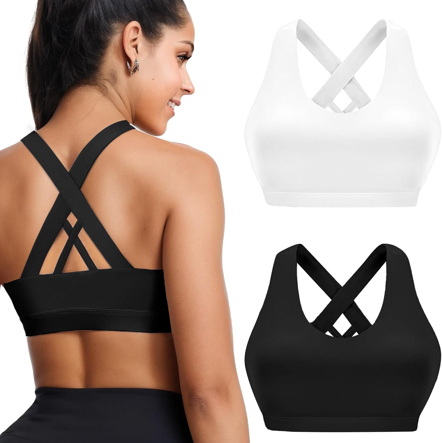 Buauty 2 Packs Sports Bras for Women High Support, Push Up Sports Bra, Criss-Cross Back High Impact Yoga Bras for Large Bust