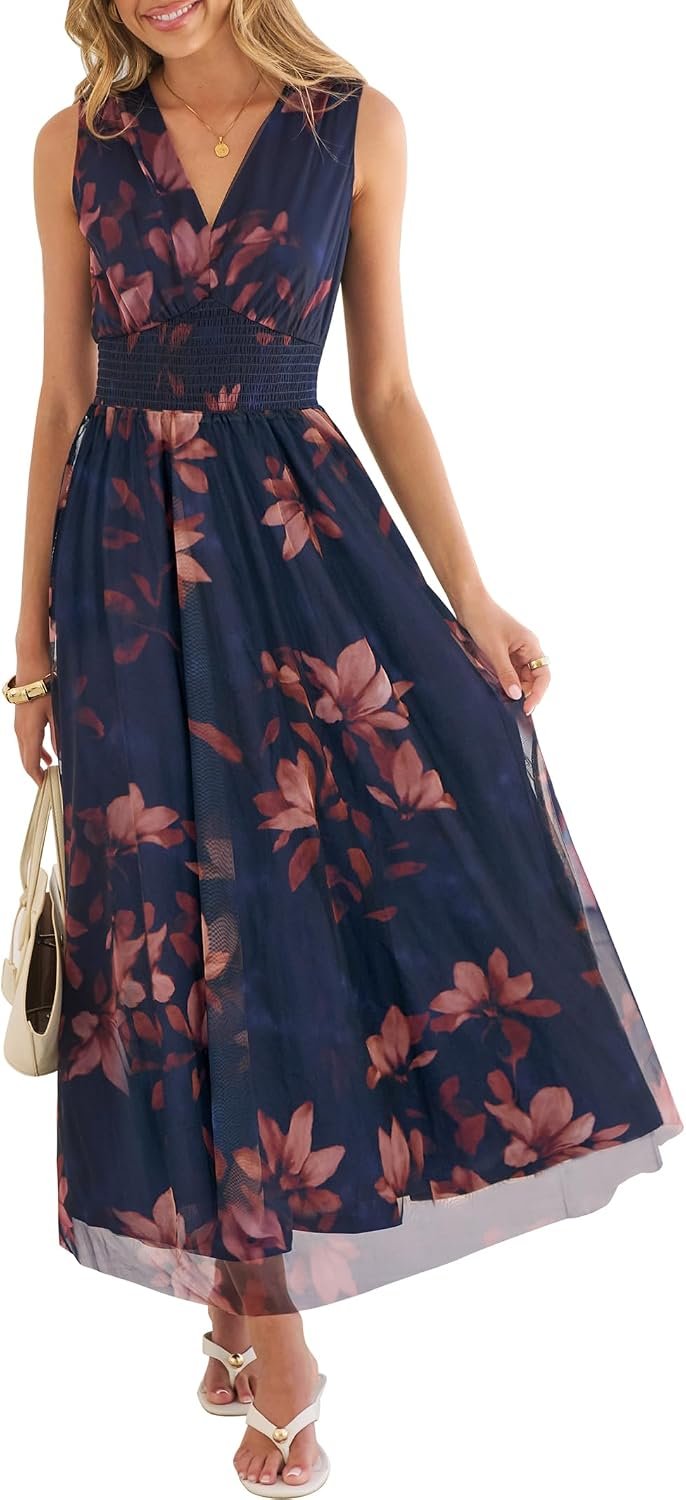 ANRABESS Women’s Floral Tulle Wedding Guest Maxi Dress | V Neck Sleeveless,A-Line Elastic Waist,Casual Flowy Formal Boho,Bridal Shower Garden Party Beach Vacation,Summer Fall