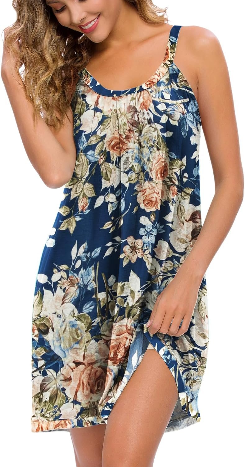 AVIIER Womens Nightgown Soft Cotton Sleeveless Sleep Shirts Wide Strap Nightshirts Full Slip Sleepwear