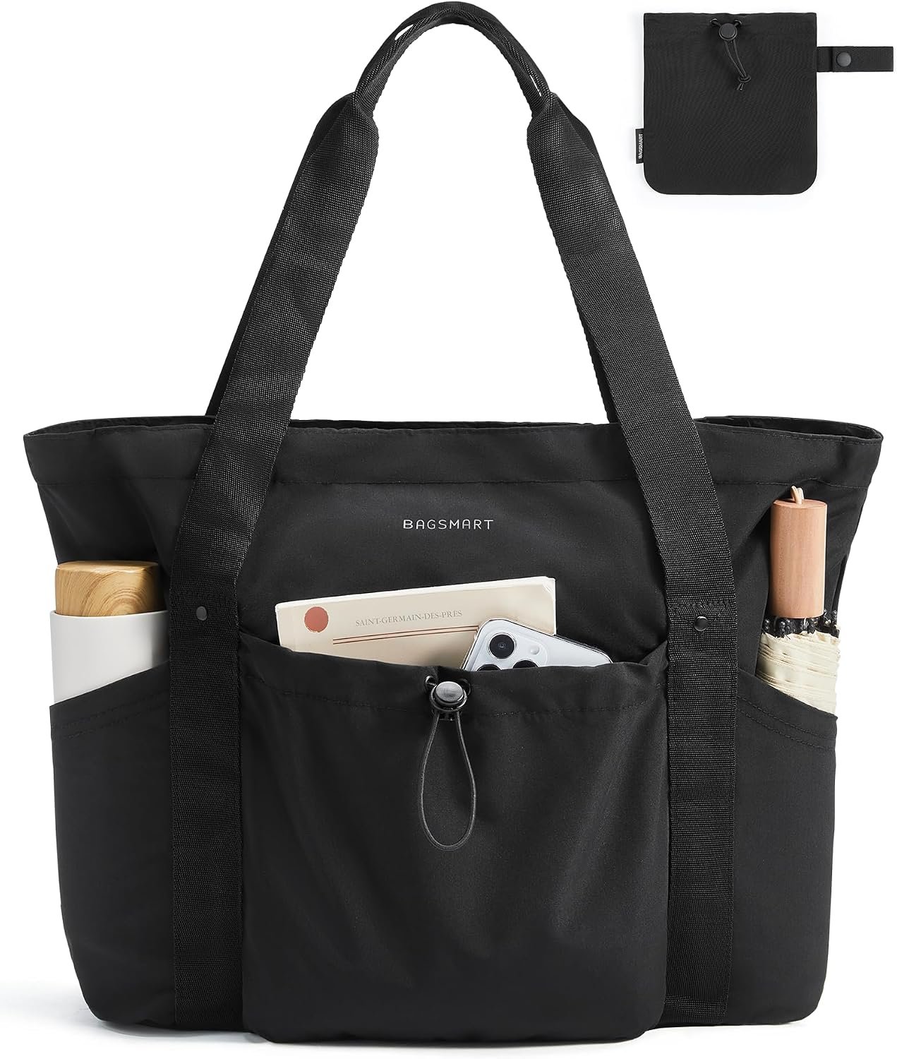 BAGSMART Foldable Tote Bag with Drawstring Bag, Tote Bag Shoulder Bag Top Handle Handbag for Travel, Work, Beach, Gym