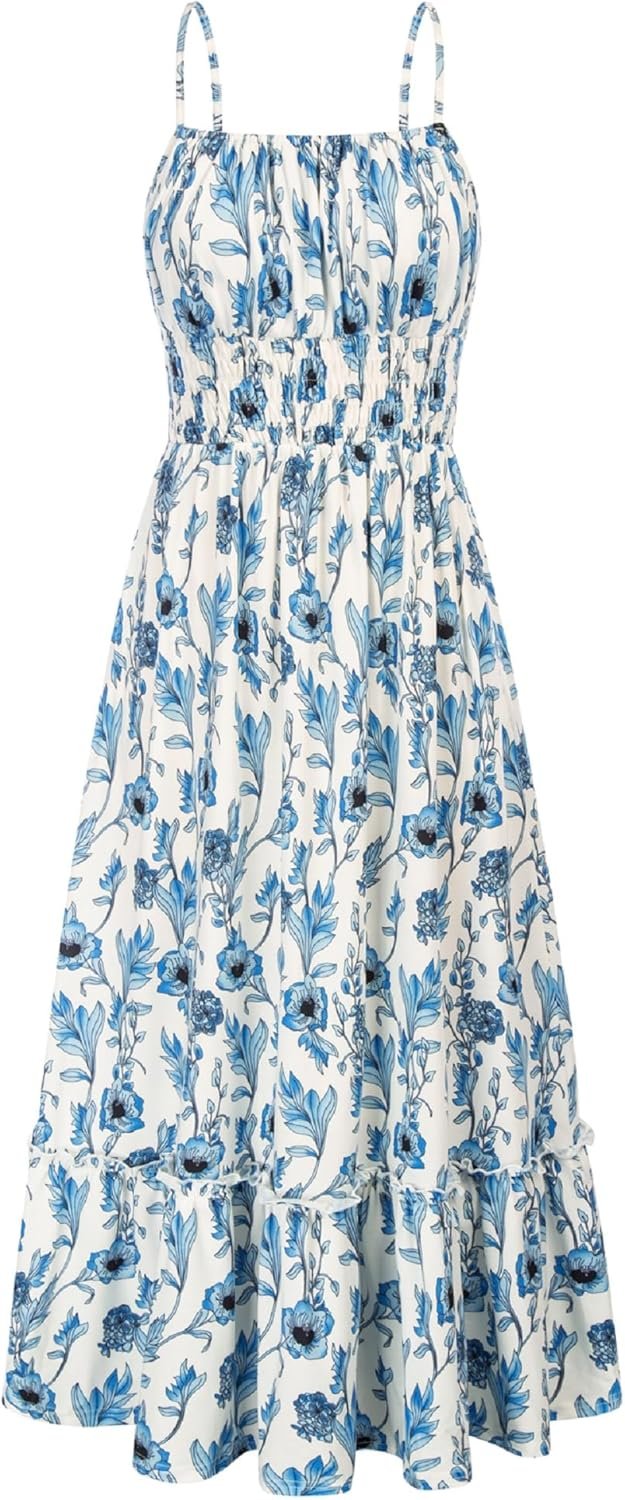 GRACE KARIN Summer Dresses for Women 2026 Vacation Boho Maxi Sundress | Casual, Smocked Waist, Floral Printed, Spaghetti Strap, Sleeveless, Beach Dresses With Pockets, Fashion Outfits