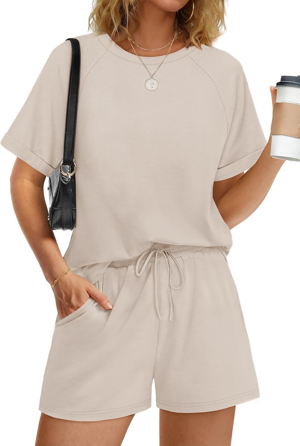 WIHOLL Two Piece Short Sets for Women Casual Summer Outfits Short Sleeve Crew Neck Lounge Matching Set