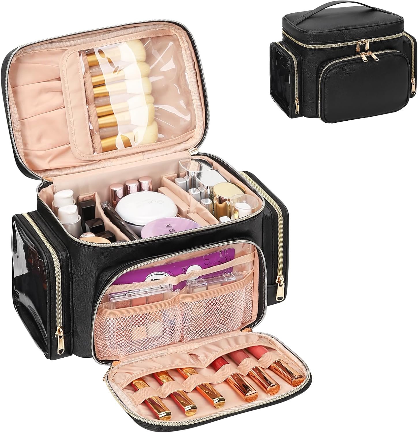 Bagmoly Large Makeup Bag, Portable Travel Makeup Bag Organizer for Women Girls with Makeup Brush Compartment & Two Side Pockets, Cosmetic Travel Bag Vertical Storage Toiletry Bag – Black