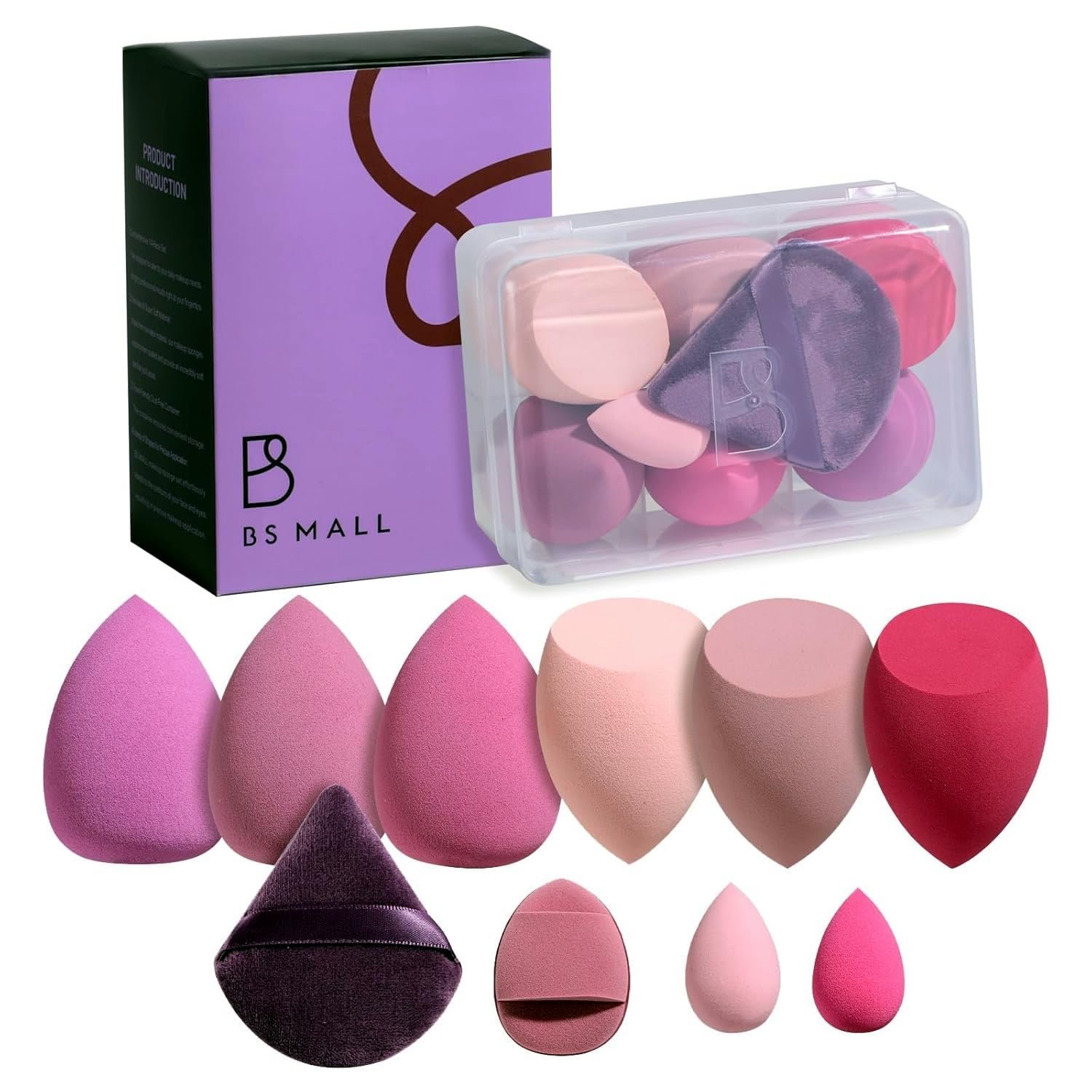 Makeup Sponges BS-MALL10 Pcs Premium For Foundation – Makeup Blending Sponge Set With Finger & Triangle Puffs For Multi-purpose Use, Travel Essential & Daily Makeup with Case