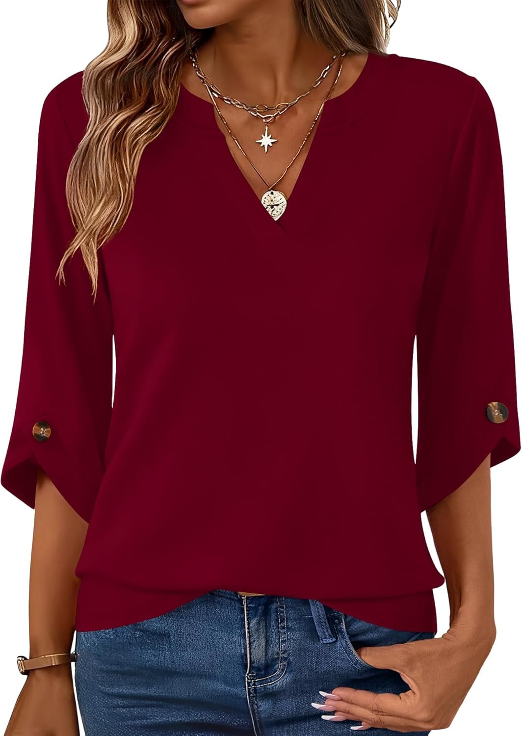 Kistore Womens 3/4 Length Sleeve Tunic Tops Dressy Casual V Neck Shirts Trendy Flowy Tees