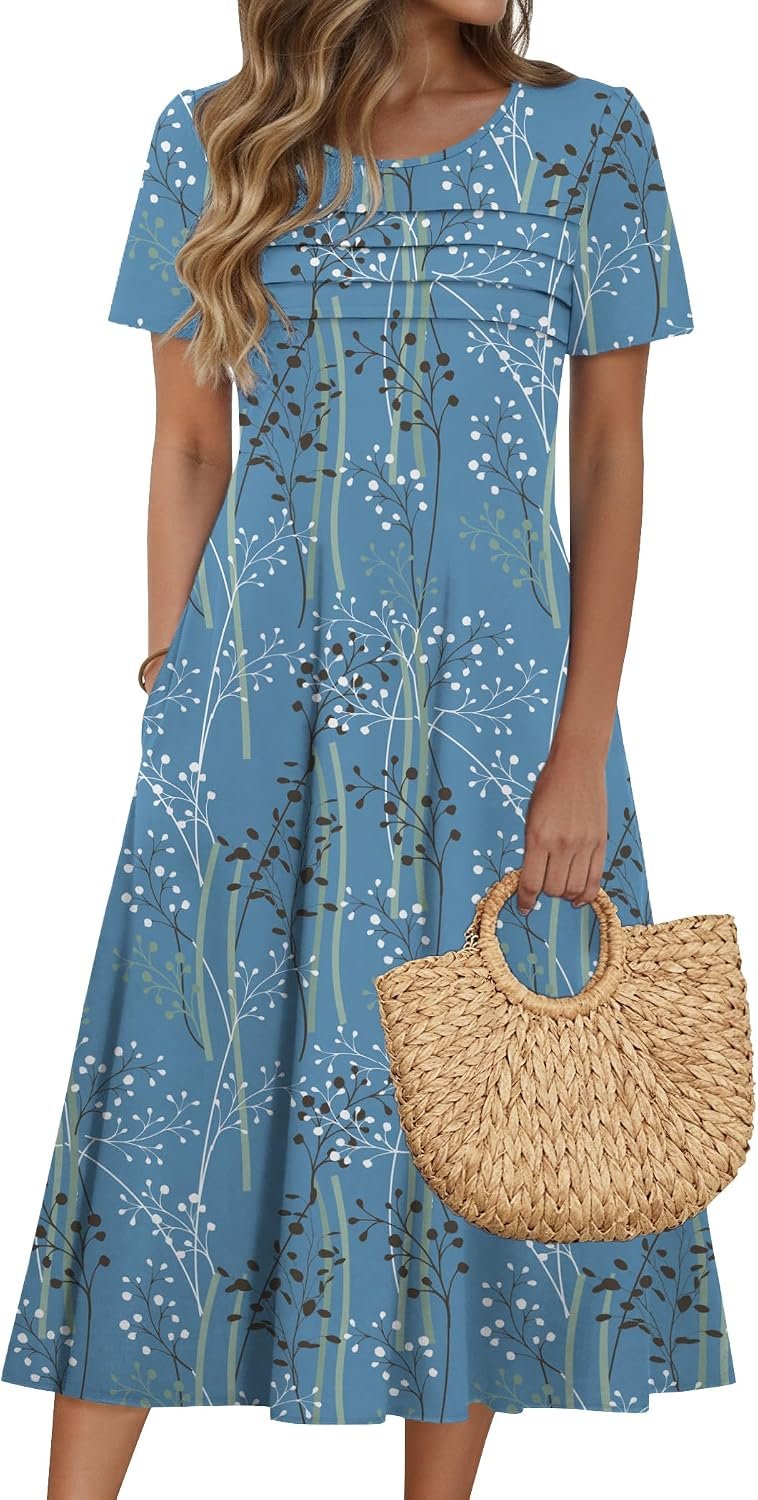 Zeagoo Womens Casual Dresses for Summer Short Sleeve Flare Midi Dress Beach | Front Pleat,Breathable Cotton, Flowy Swing Maxi Dress, Puff Sleeves, Side Pockets, Perfect for Beach, Cruise, Wedding Guest