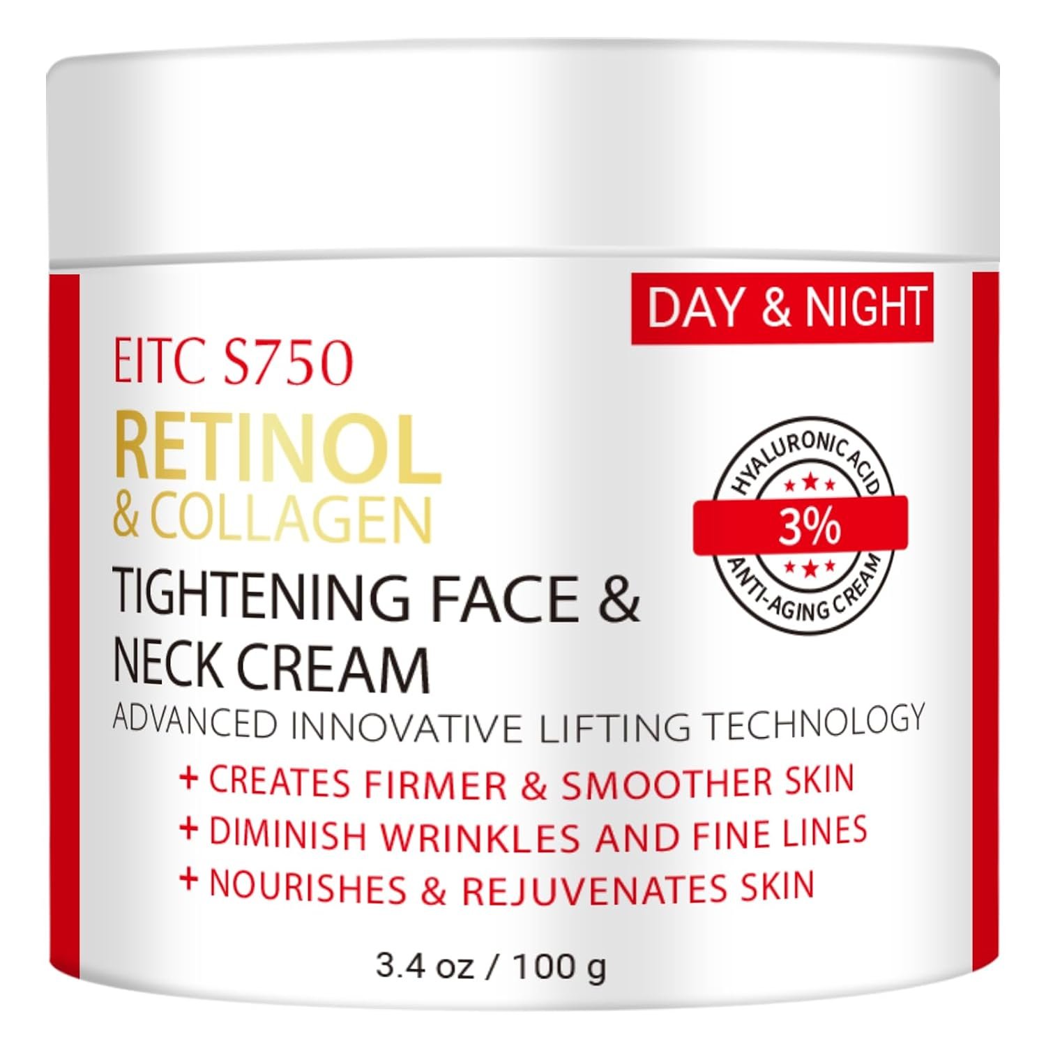 Retinol Cream for Face, Anti-Aging Neck Firming Moisturizer 3.4 fl. oz. | Collagen & hyaluronic acid, Fine lines & wrinkles, Lightweight, Tightening & firming, Daily Wrinkle Care for Women and Men