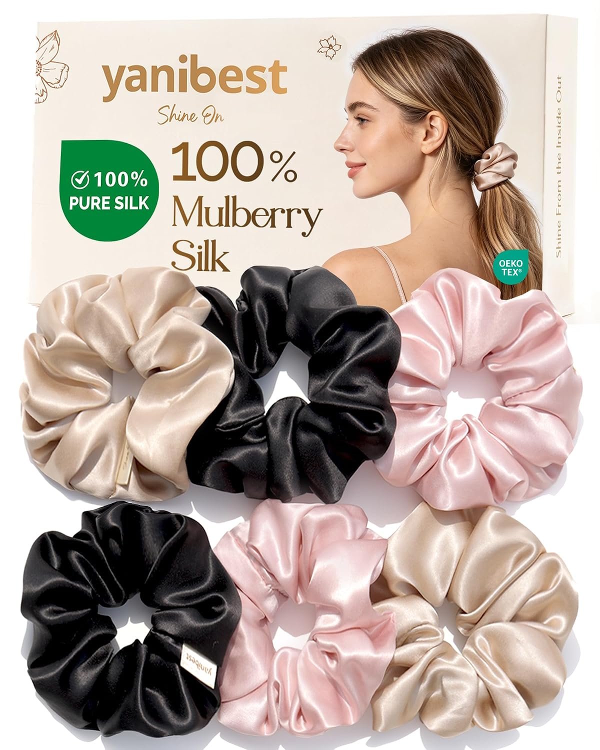 YANIBEST 6 Pcs Mulberry Silk Scrunchies, Gentle Hair Ties for Women | Mulberry silk scrunchies with a smooth surface to reduce pulling and friction during daily styling or overnight wear.