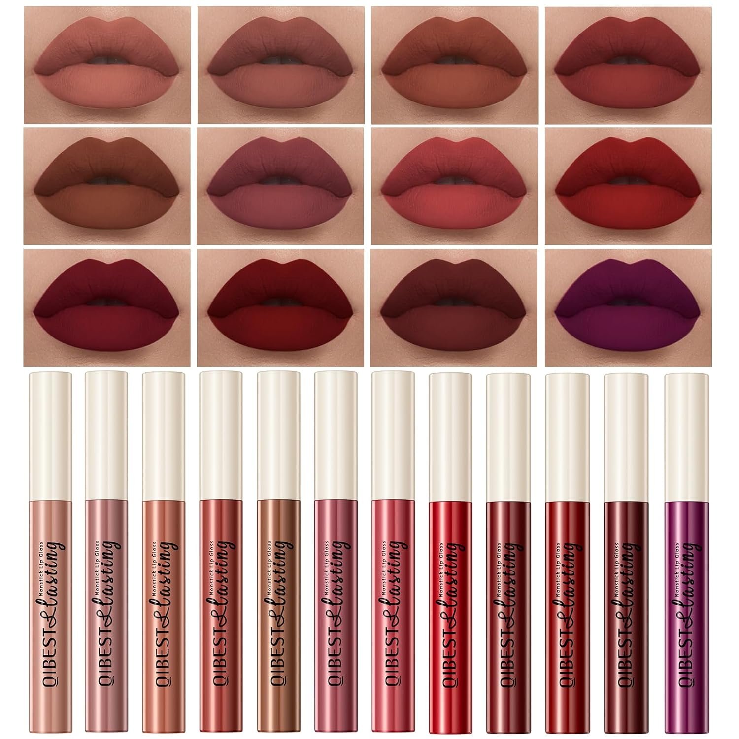 12Pcs Nude Matte Liquid Lipstick Set, Waterproof Long Lasting Non-Stick Cup Nude Brown Dark Red Purple Lipstick 24 Hour Matte Lipstick Professional Mother’s Day Lip Makeup Gift for Women (Set A)
