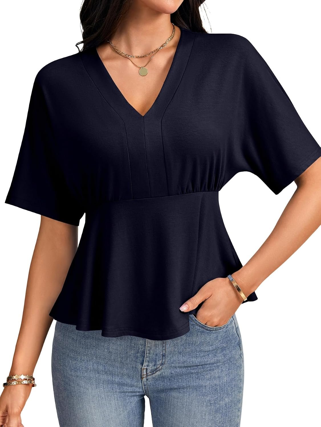 KIFOVEN Women’s Ruffle V Neck Short Sleeve Ruched Dressy Casual Tunic Blouse Tops