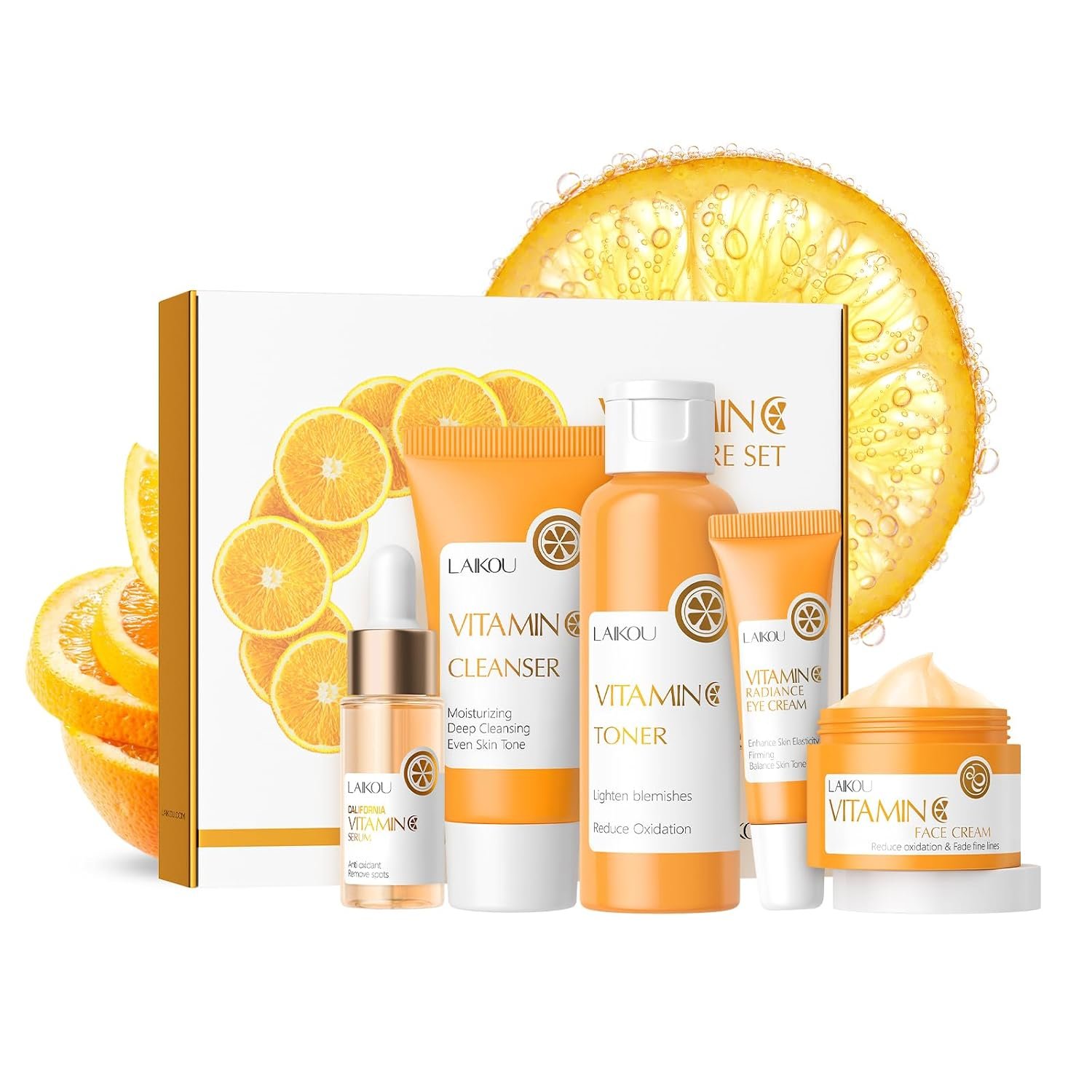 LAIKOU Vitamin C Skin Care, Skin Care Set Beginner Kit TSA-friendly 5pcs | Cleanser, Toner, Serum, Eye Cream, Face Cream for Women Teen Girls Mom Daughter Mother’s Day Christmas Birthday