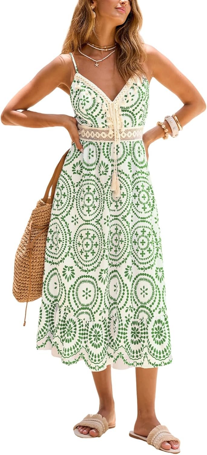 CUPSHE Womens Boho Midi Dresses Summer Spaghetti Strap Crochet Lace V Neck Drawstring Waist Beach Vacation Casual Sundress