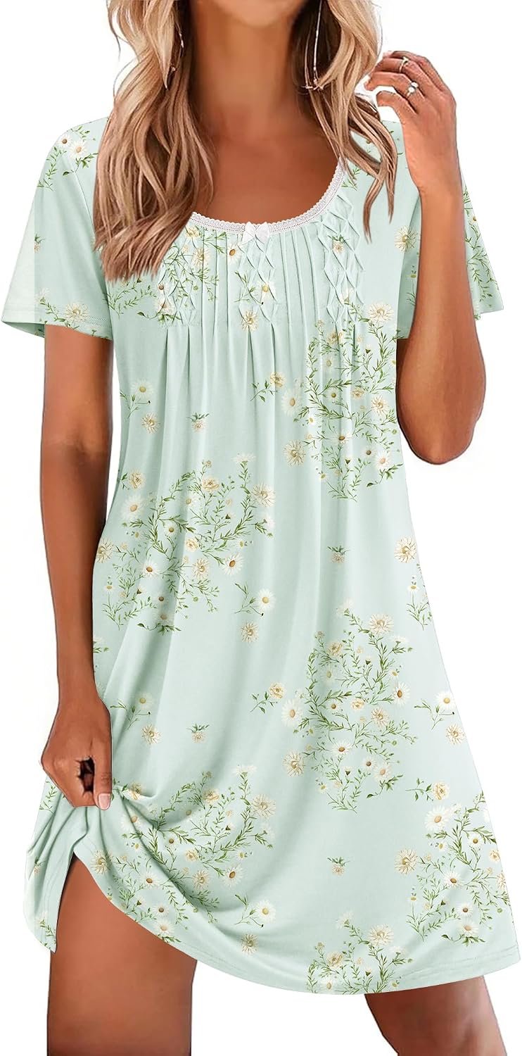 Ekouaer Nightgowns for Women Pleated Sleep Shirts Short Sleeve Night Shirts | Lace Trim Night Gown Ladies Sleep Dress Night Dress Victorian Sleepwear Soft Pajama Dress Casual Loungewear, Cute Print