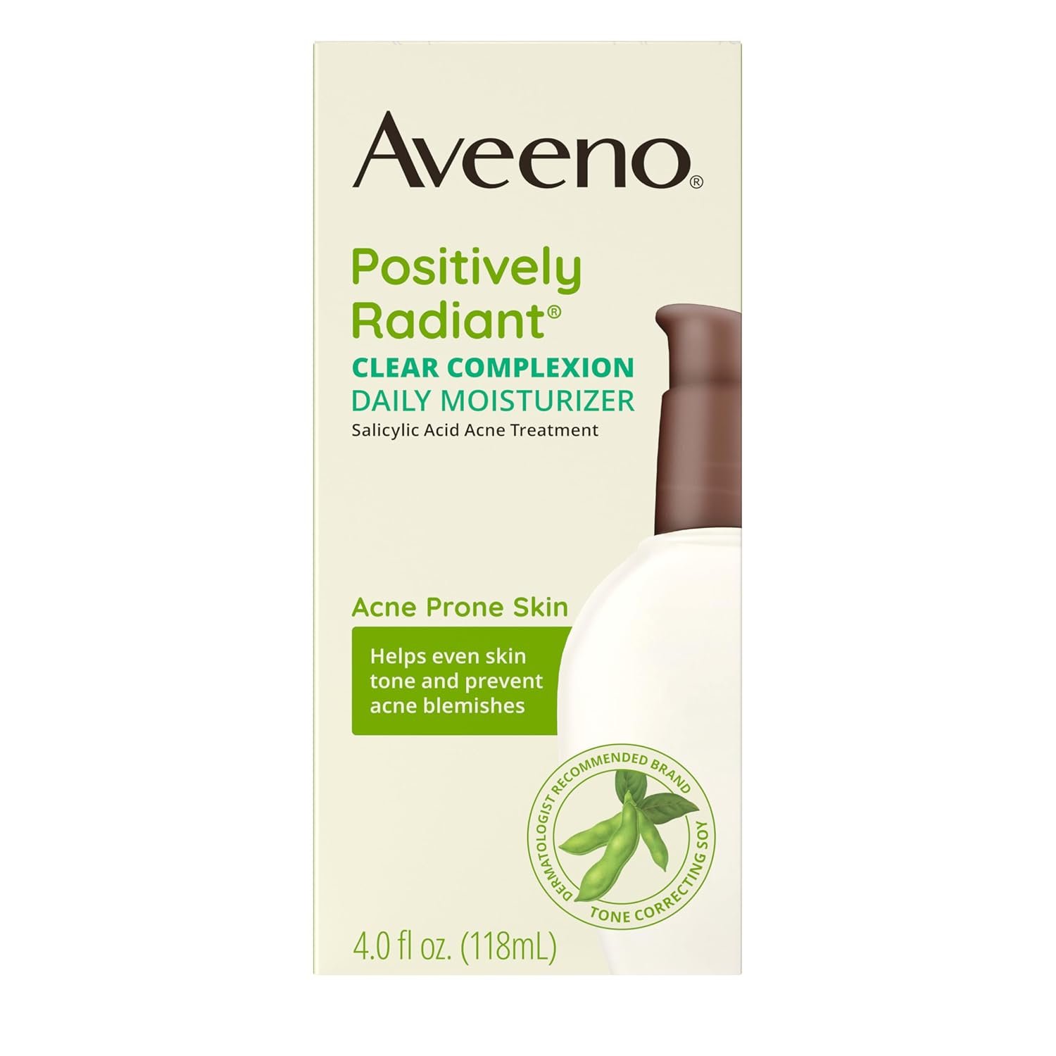Aveeno Positively Radiant Clear Complexion Face Moisturizer, Acne Facial Lotion with Soy and Salicylic Acid for Oily Skin, Hypoallergenic Formula, Paraben-Free, Non-Comedogenic, Pump, 4 Fl Oz