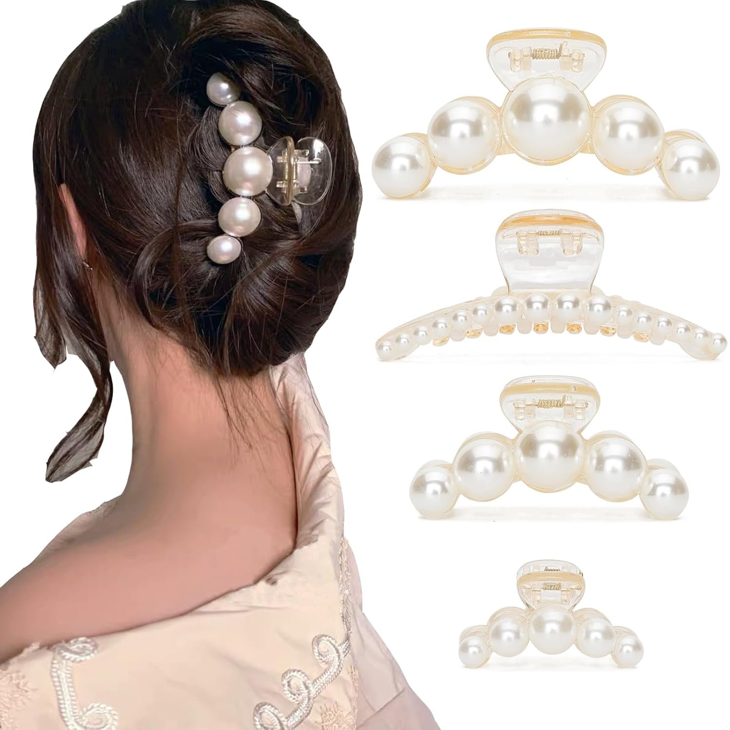 Hair Clips for Women, Large High-Gloss Pearl Hair Claw Clip Set Strong Hold No Slip, Banana Jaw Clip Barrettes, Hair Accessories Birthday Wedding Day Gift for Girl Wife Styling Thick Thin (4 PCS)