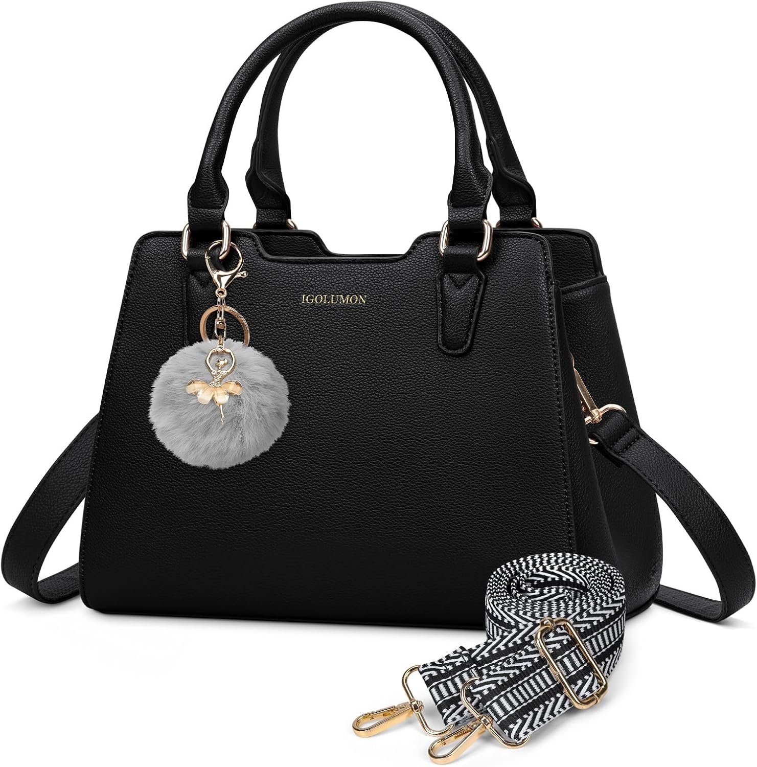 IGOLUMON Women’s Top-Handle Handbags PU Vegan Leather Satchel Purses for Women Designer Tote Purse Handbag with Cute Pompom