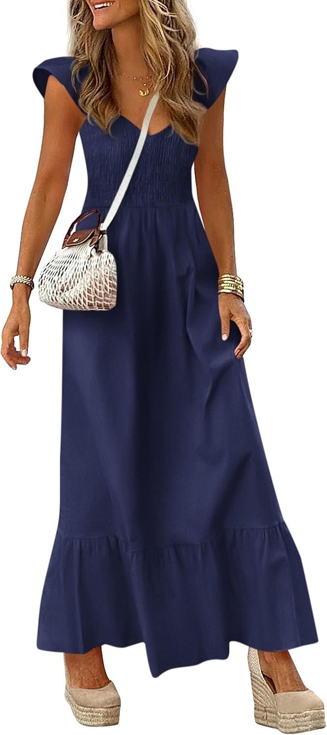 PRETTYGARDEN Women’s Summer Smocked Maxi Sun Dresses | Cap Sleeve V Neck, Fit and Flare, Flowy Long, Pockets A Line Dress, Casual Elegant, Party Wedding Guest, Vacation Outfits