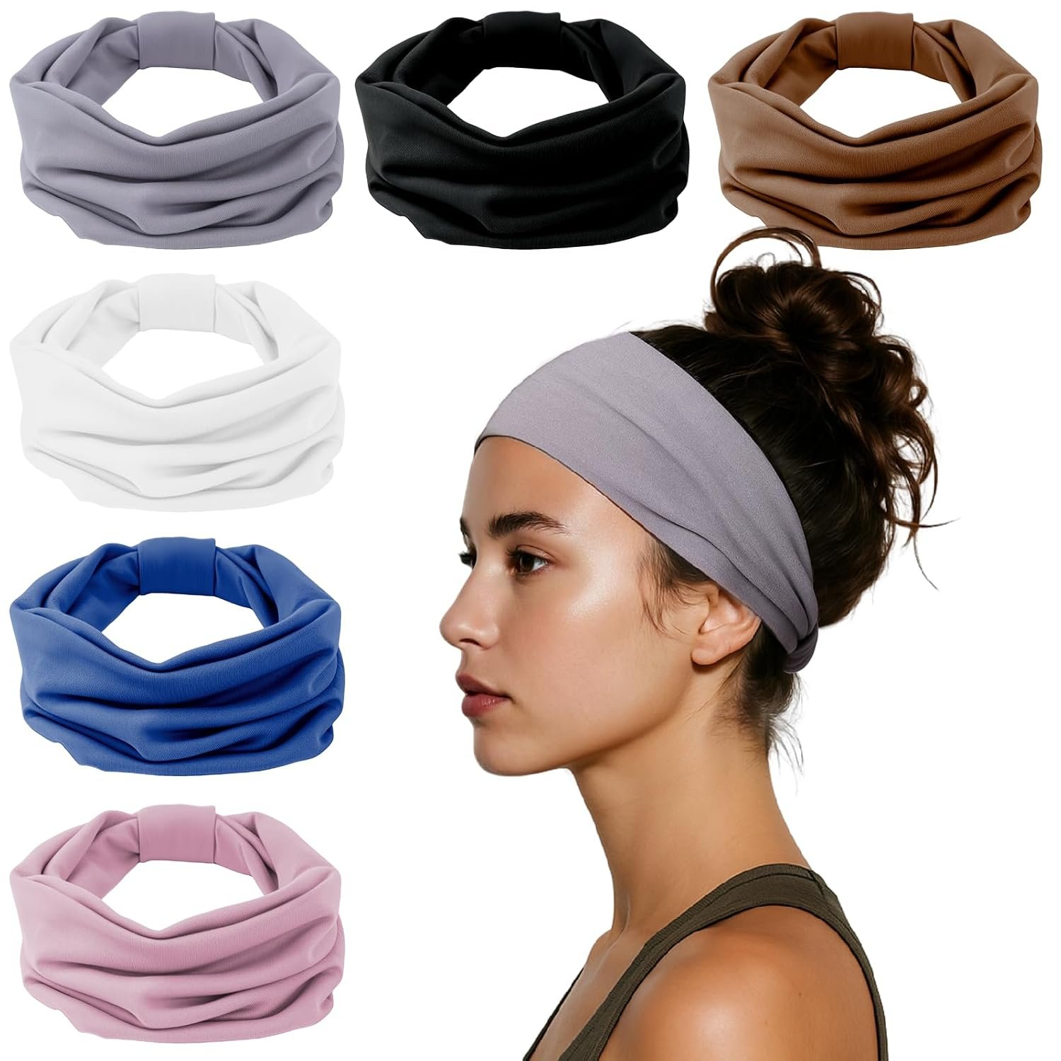 HSEM Headbands for Women, Wide Elastic Head Bands, Non-Slip Thick Hair Bands, Sports Stretchy Sweat Bands, Large Knotted Soft Headband for Washing Face, Makeup, Workout, Spa, Running, Fashion, 6-Pack