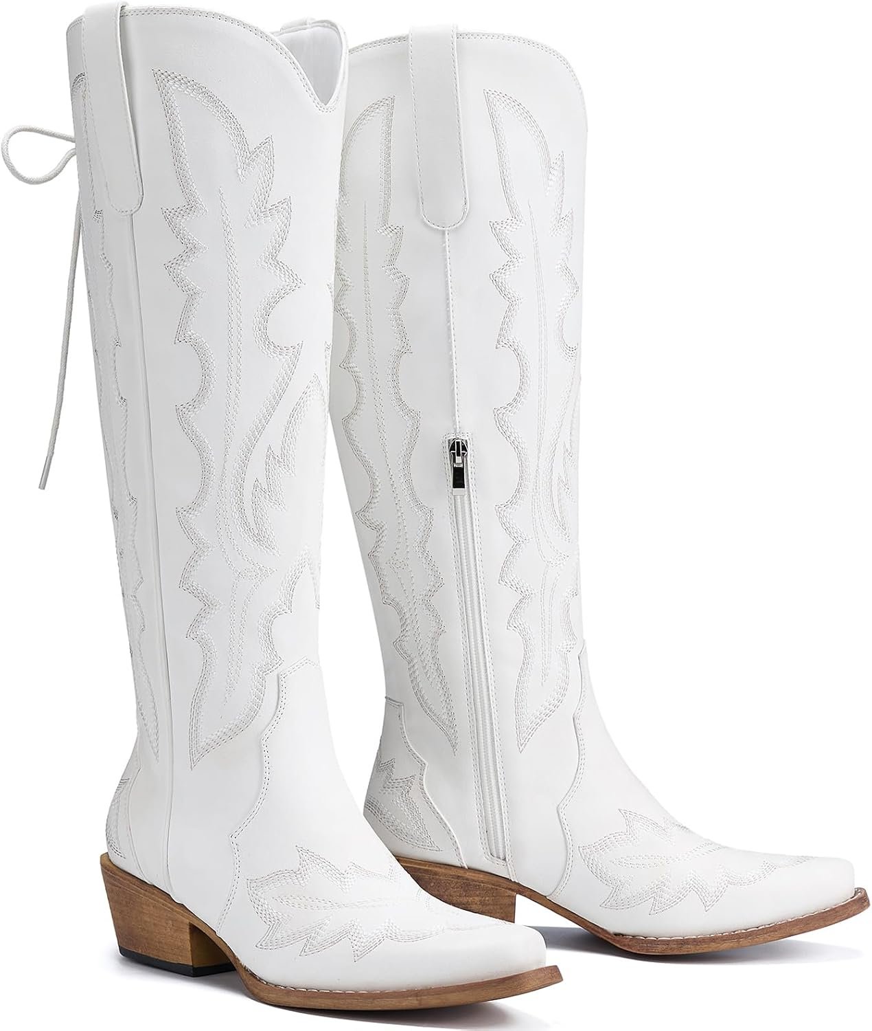 Rollda Cowboy Boots for Women Wide Calf, Lace Up Knee High Cowgirl Boots, Adjustable Womens Western Tall Boots Plus Size with Embroidery Snip Toe Chunky Heel Pull On
