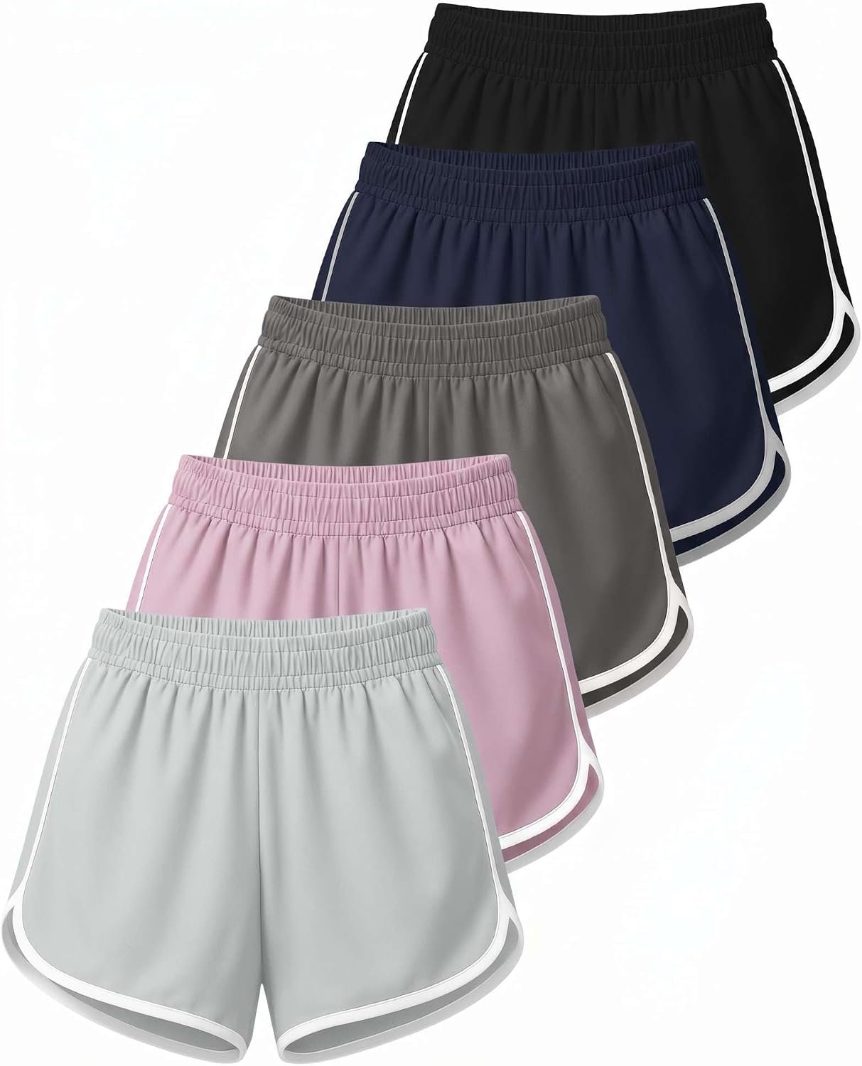 5 Pack Women’s Dolphin Shorts Dry Fit Athletic Running Workout Gym Lounge | Available in Plus Size, Volleyball, Crossfit, Jogging, Elastic Waist, Split Hem, Basketball, Soccer, Yoga; Light & Quick Dry