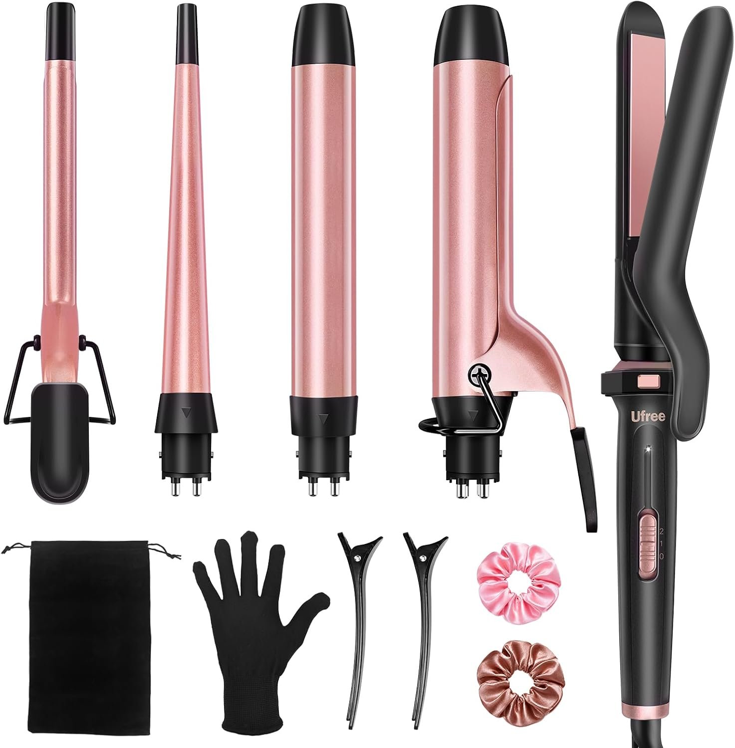 Ufree 5 in 1 Curling Iron with Interchangeable Ceramic Barrels (0.35″-1.25″), Curling Wand Set with Flat Iron Hair Straightener, Instant Heat Up, Dual Voltage Hair Curler, Gifts for Women | 5 Interchangeable Barrels (0.35″-1.25″), Ceramic Coating, 30s Heat Up, 356-410°F Settings, Dual Voltage