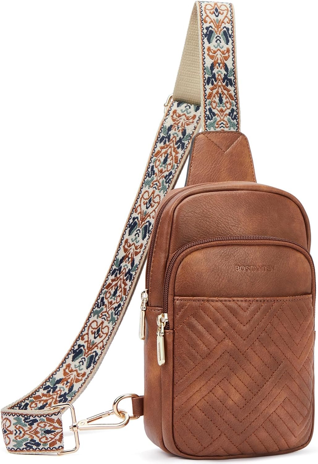 BOSTANTEN Sling Bag Quilted Crossbody Bags for Women Leather Fanny Pack | Adjustable Wide Guitar Strap, Multi Pockets, Multi Comfort Carrying, Card Slot, Cute Versatile for Travel Vacation Everyday