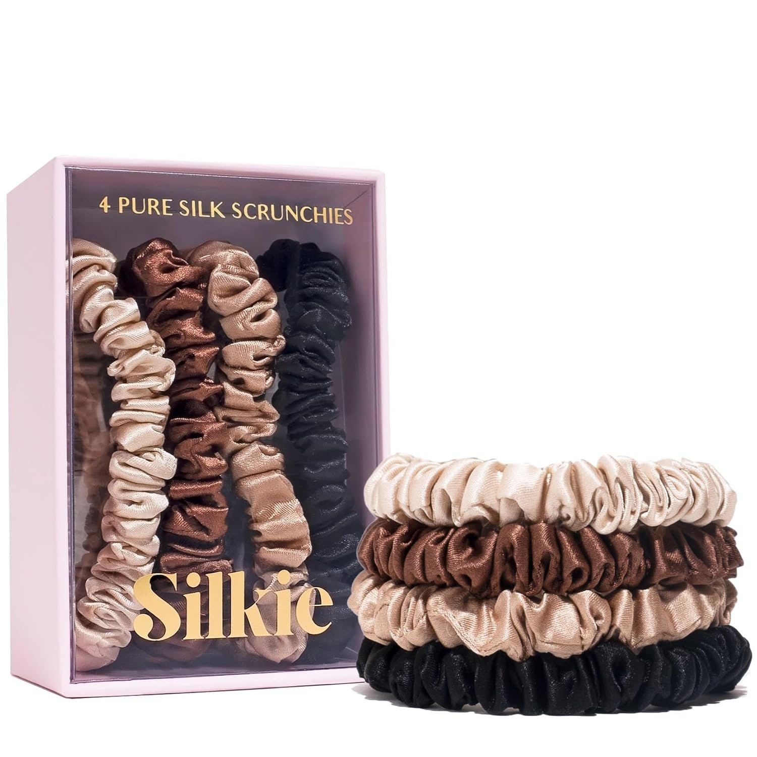 SILKIE x4 Set – Forget Satin – 100% Pure Mulberry Silk Black Brown Skinny Scrunchies Travel Pouch Everyday Hair Ties Elastics Hair Care Ponytail Holder No Damage (Chocolate)