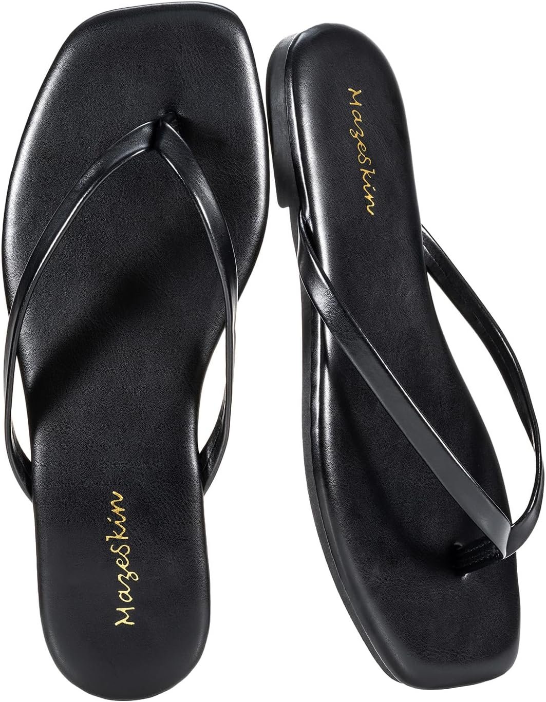 mazeskin Womens Memory Foam Flip Flops Leather Flat Sandals | Vegan Leather Square Toe Cushion Summer Casual Comfortable Slim Thong Beach Slide Shoes Non Slip