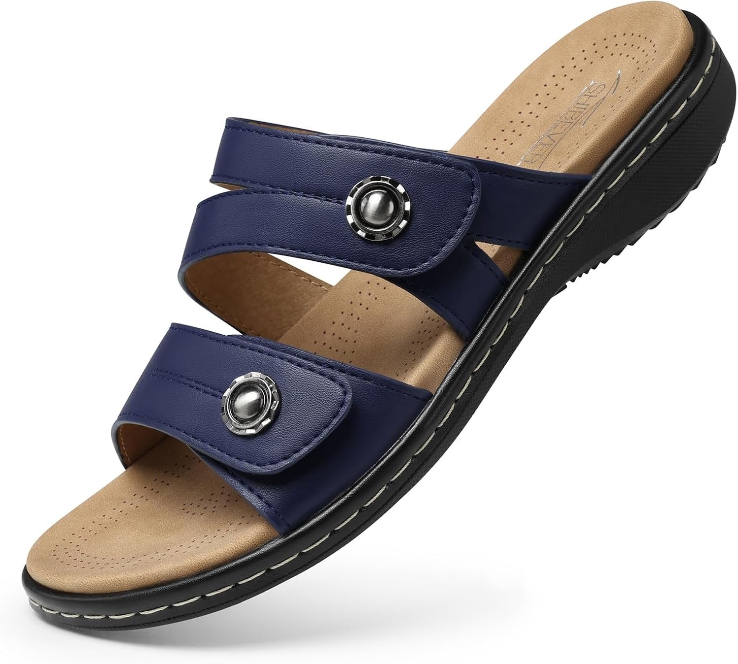 SHIBEVER Women Dressy Flat Sandals: Comfortable Arch Support Sandal | Non Slip Orthopedic Slip On Flats – Adjustable Fit Wide Feet – Summer All Day Standing Walking Sandal