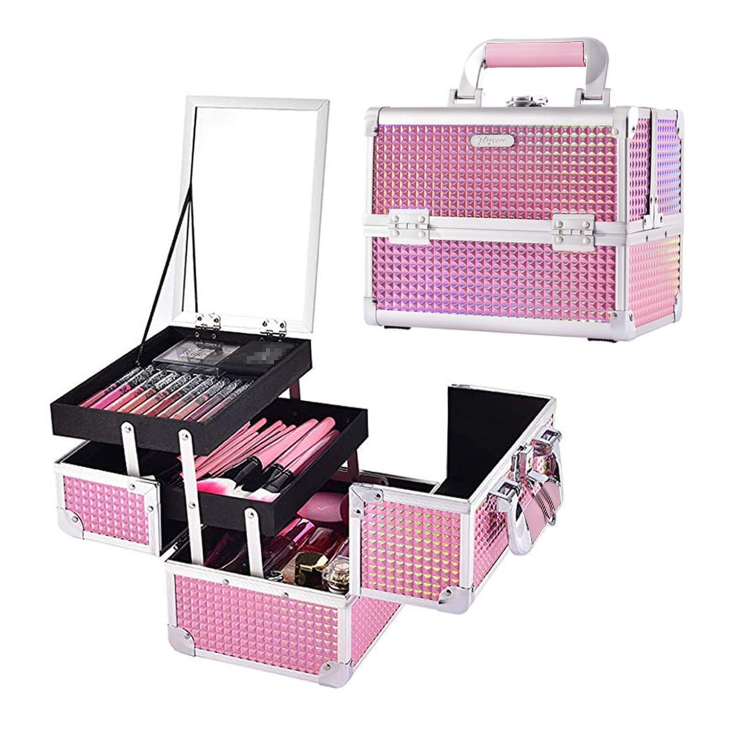 Joligrace Makeup Case Organizer Makeup Box Cosmetic Train Case with Mirror | Cosmetic Box Portable Makeup Box Organizer 2 Trays Makeup Storage with Locking for Makeup Artist Nail Tech Kits Mermaid Pink