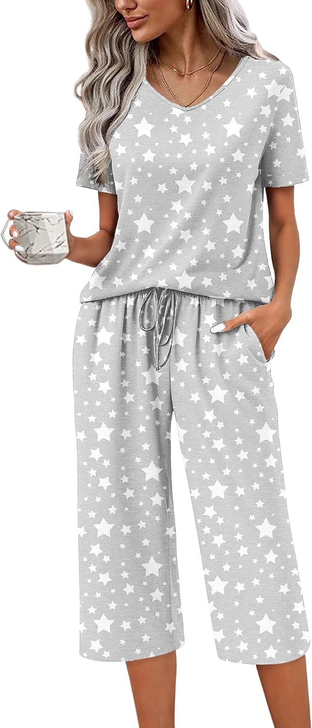 Ekouaer Womens Pajama Sets Soft Cotton Pj Short Sleeve Top with Capri Pants | 2 Piece Print Loungewear,Summer Capri Pajamas for Women,Soft Comfy Lounging,Breathable Gift for Yoga,Shopping,Party