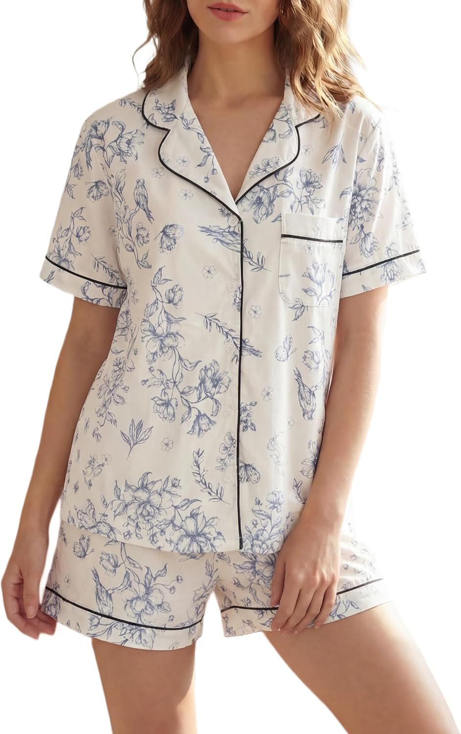 LUBOT 100% Cotton Pajamas for Women Pajama Set with Pockets Soft 2 Piece PJ Short Sleeve Button Knit Summer Sleepwear XS-XXL